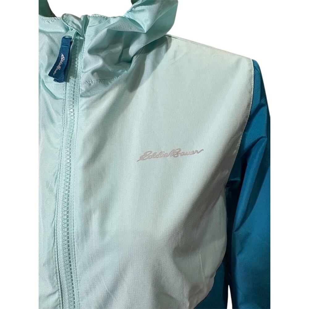 Eddie Bauer Girls Hooded Windbreaker Jacket Blue Teal Colorblock Size M 10 - Picture 2 of 10